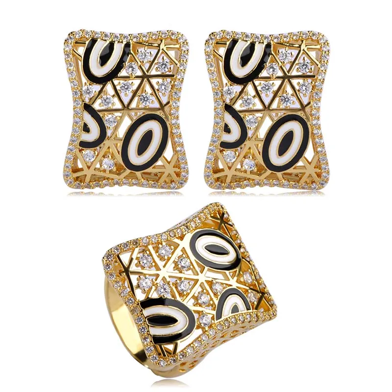 

Dazz Exaggerated Zircon Copper Square Jewelry Sets Stud Earrings&Wide Ring Women Enamel Brincos Aros Gold Color Wedding Joyas