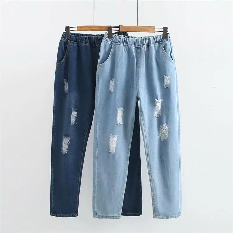 Plus size blue & sky blue ripped women jeans pants 2018