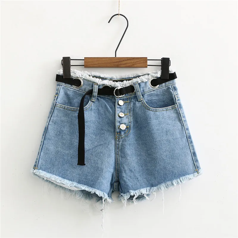 

Summer New Europe America Thin Fringe Wide Leg Hot shorts Female, Wild Bangle High Waist Belted Denim Shorts Female