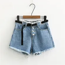 Summer New Europe America Thin Fringe Wide Leg Hot shorts Female, Wild Bangle High Waist Belted Denim Shorts Female self belted wide leg shorts