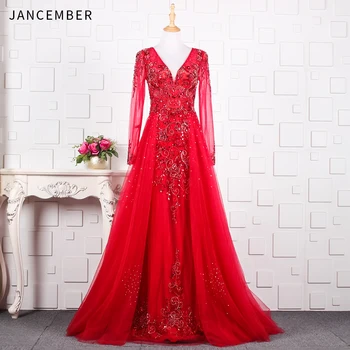 

JANCEMBER Luxury women's long evening gowns Beading Crystal Pattern V-Neck Illusion A-Line Floor-Length elegant evening dress