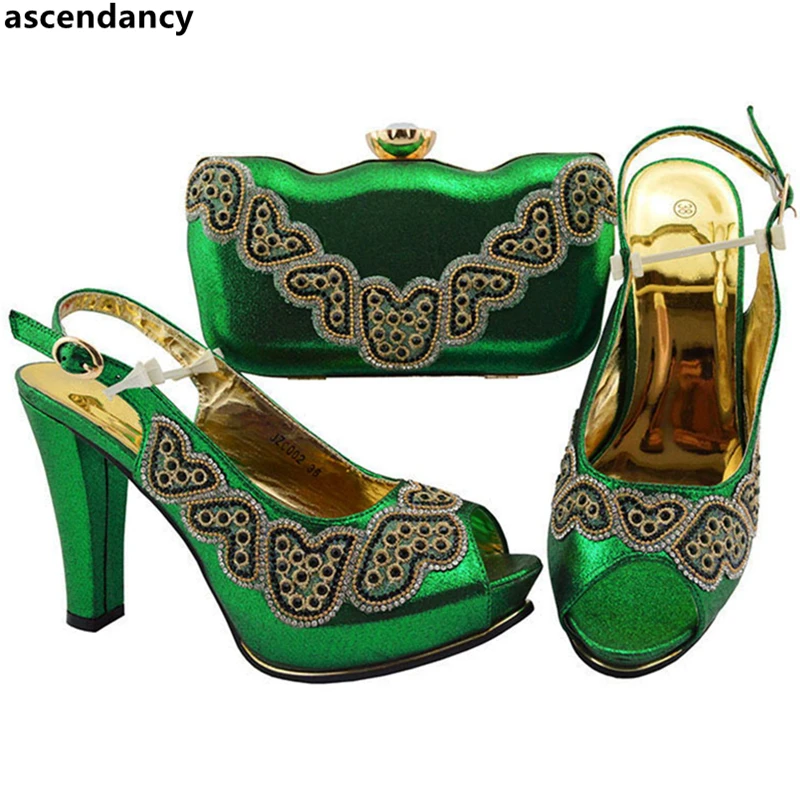 

New Arrival Italian Shoes with Matching Bags Set Decorated with Rhinestone Slip on Women Wedding Pumps Elegant Block Heel Shoes