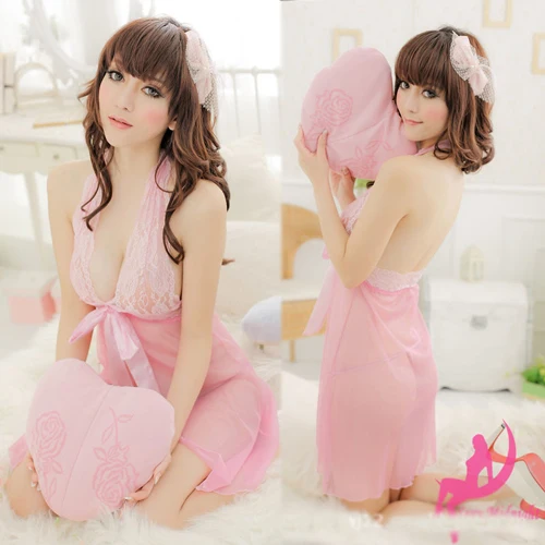 Сексуальная кружевная ночнушка прозрачное белье+ стринги пижамы Один размер 5 цветов - Цвет: Розовый