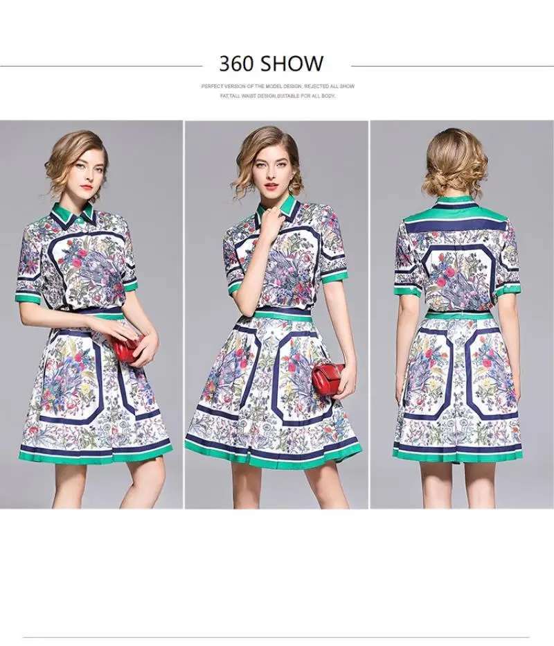 European women's wear 2018 The new summer With short sleeves lapel Stripe edge Floral print shirt + Pleated skirt  printing suit