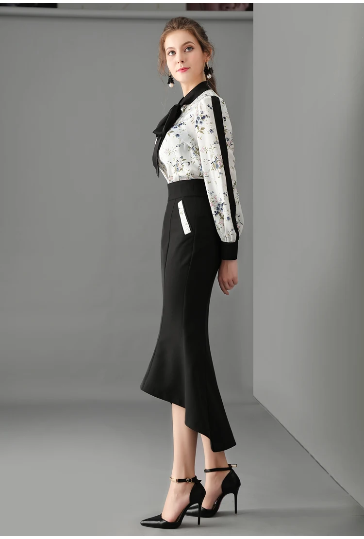 MoaaYina, модный дизайнерский подиумный комплект, летний, женский, длинный рукав, лента, цветочный принт, деловые Топы+ посылка, юбка-карандаш, комплект