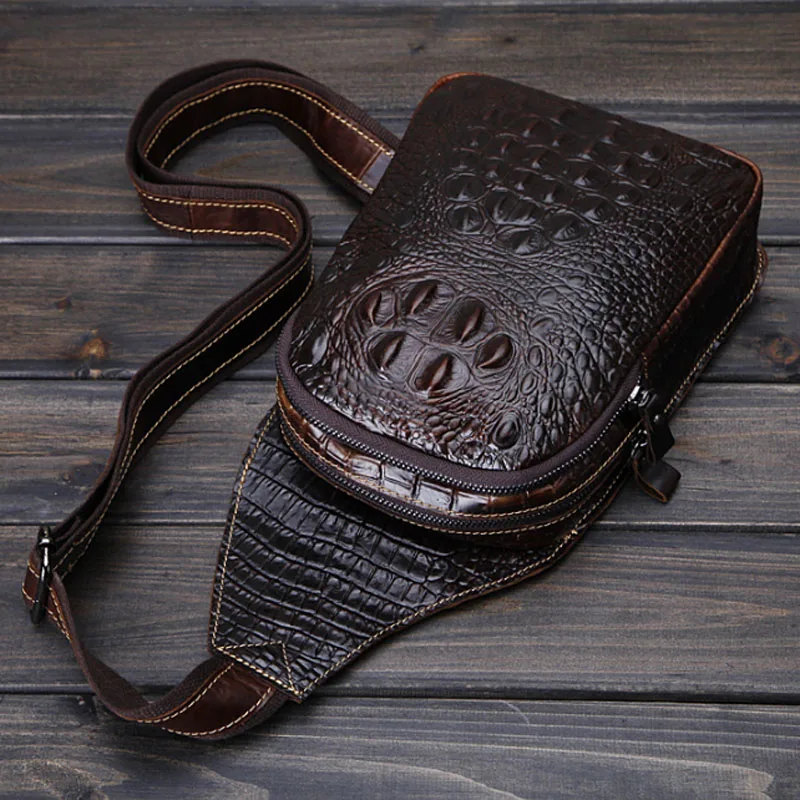 

Vintage Men Sling Chest Bag Genuine Leather Shoulder Messenger Bag Travel Trend Crocodile Grain Day Pack