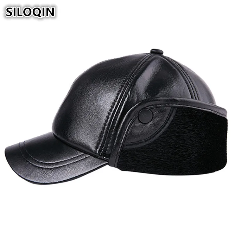 

SILOQIN Adult Men's Leather Cap Winter Plus Velvet Thicken Warm Sheepskin Leather Baseball Caps With Earmuffs Brand Hats For Men