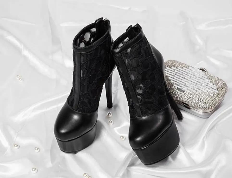 

Autumn and winter new fashion leather hollow 15CM net gauze boots