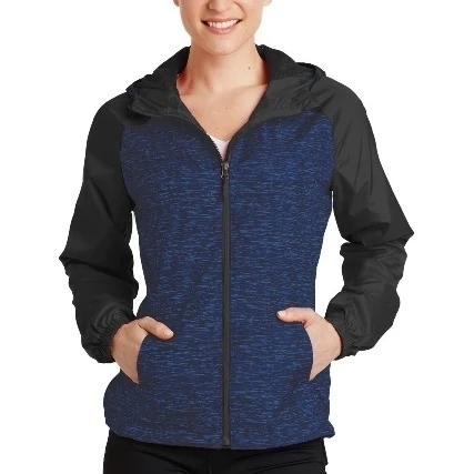 Sport-Tek LST40 Ladies Heather Colorblock Raglan Hooded Wind Jacket True Royal Heather & Black - Medium (1)
