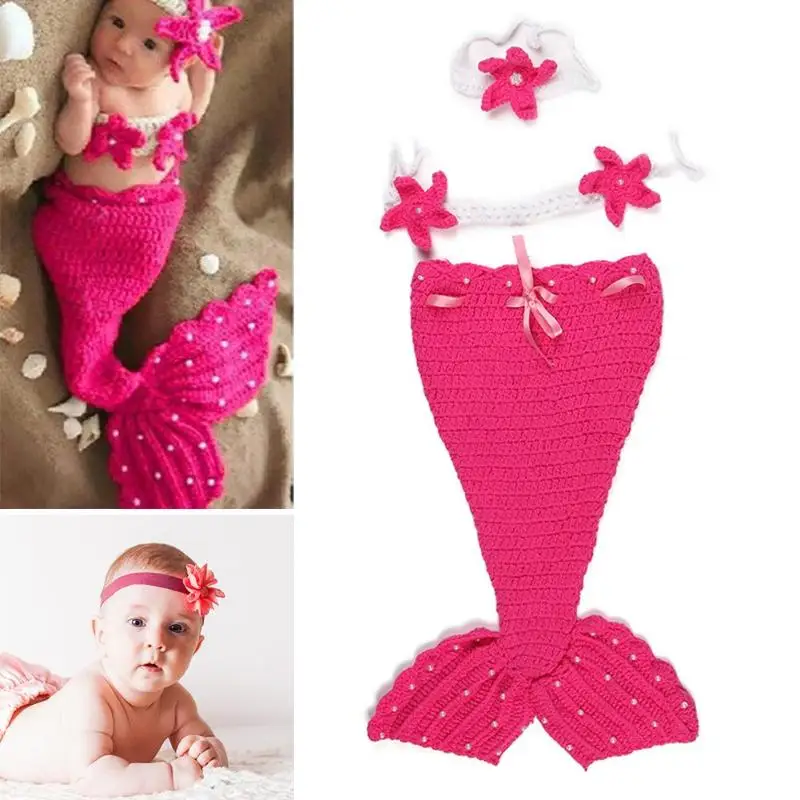 Комплект одежды из 3 предметов для новорожденных с изображением рыбьего хвоста, спальный мешок, повязка на голову с цветочным рисунком, детский вязаный наряд для фотосъемки, фотосессия для новорожденных