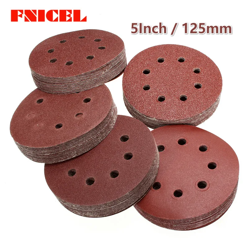 

100pcs 5Inch/125mm Round Sandpaper Eight Hole Disk Sand Sheets Grit 40-3000 Hook and Loop Sanding Disc Polish
