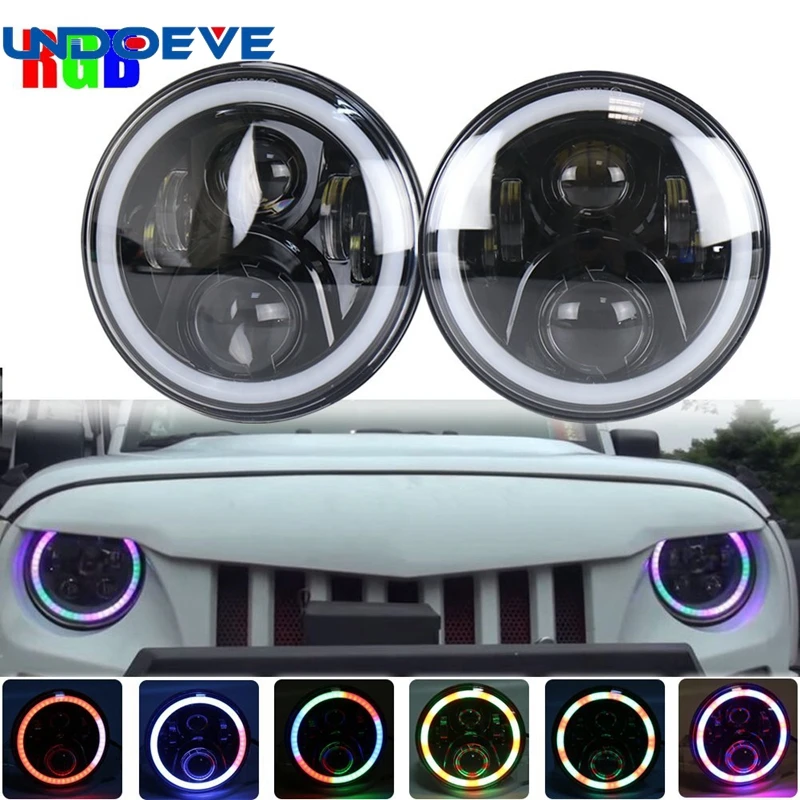 

Undoeve 7Inch Round Project Daymaker LED Headlights RGB Halo For Jeep Wrangler Bluetooth Phone APP Control Jeep Headlights