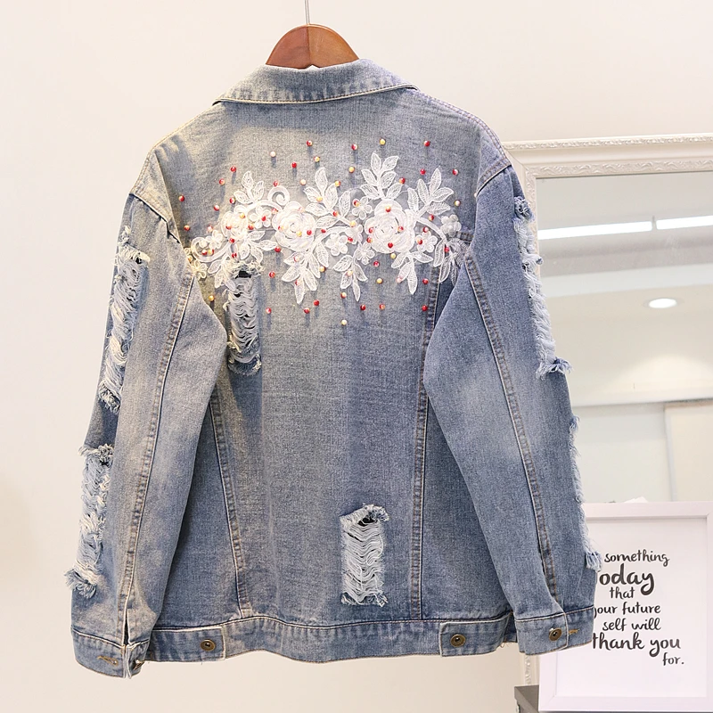 

2019 Vintage Flower Patch Pearl Beading Women Deinm Jacket Coat Casaco Feminino Women Bomber Jacket Coat Jaqueta Feminina