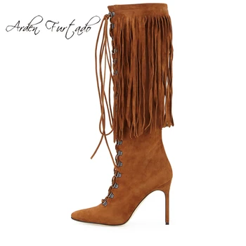

Fashion women's shoes winter 2019 stilettos heels pointed toe boots knee high boots retro fringed brown booties large size shoes