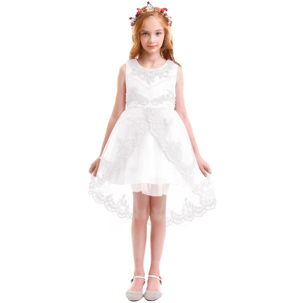 

White Tulle Lace Dress for Girls Baby Kid High Low Hem Ball Gown Dress Birthday Party Elegant Princess Wedding Bridesmaid Dress