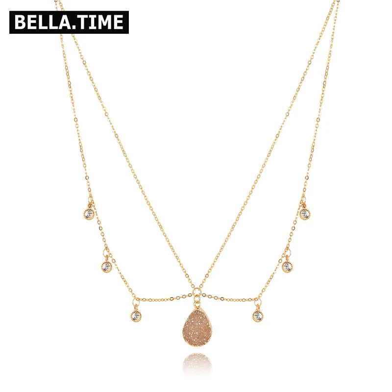 

Boho 2 Layers Short Gold color Copper Chain Necklaces For Women Natural Druzy Stone Cubic Zirconia Charms Necklaces Lady NKS188