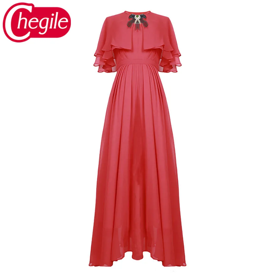 

Women Red Long Dresses 2019 Summer Elegant Beading Slim Ankle-Length Chiffon Runway Dress