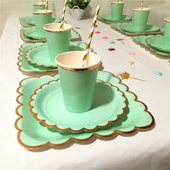 

8 Sets Solid Mint Scallop Foil Gold Edge Paper Plates Cups Napkins Straws for Birthday Gender Reveal Party Decor