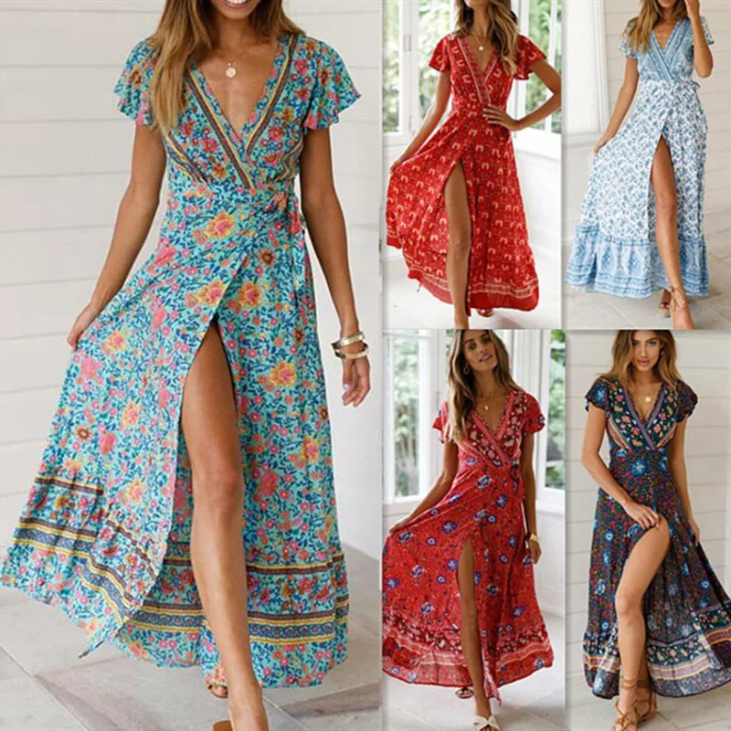 

High Waist Floral V-Neck Boho Women's Maxi Dress Short Sleeve Split Lace UP Wrap Long Dresses Women 2019 Summer Beach Clothes