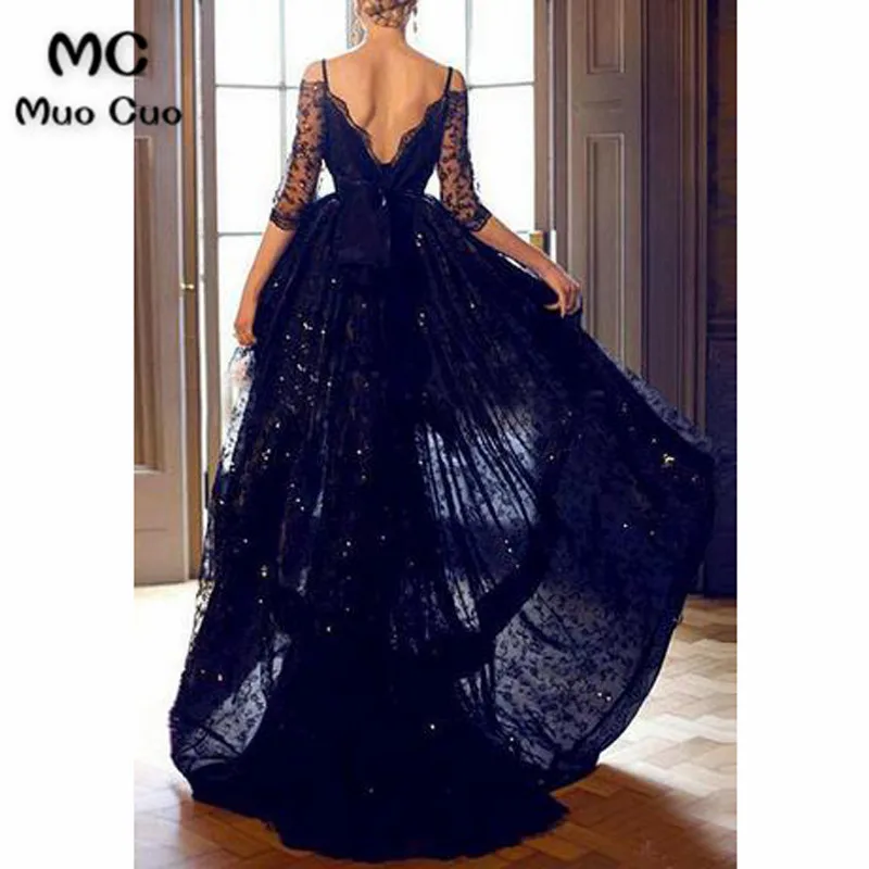 Half Sleeves High low Lace Long Prom Dresses Evening Dress With Straps3