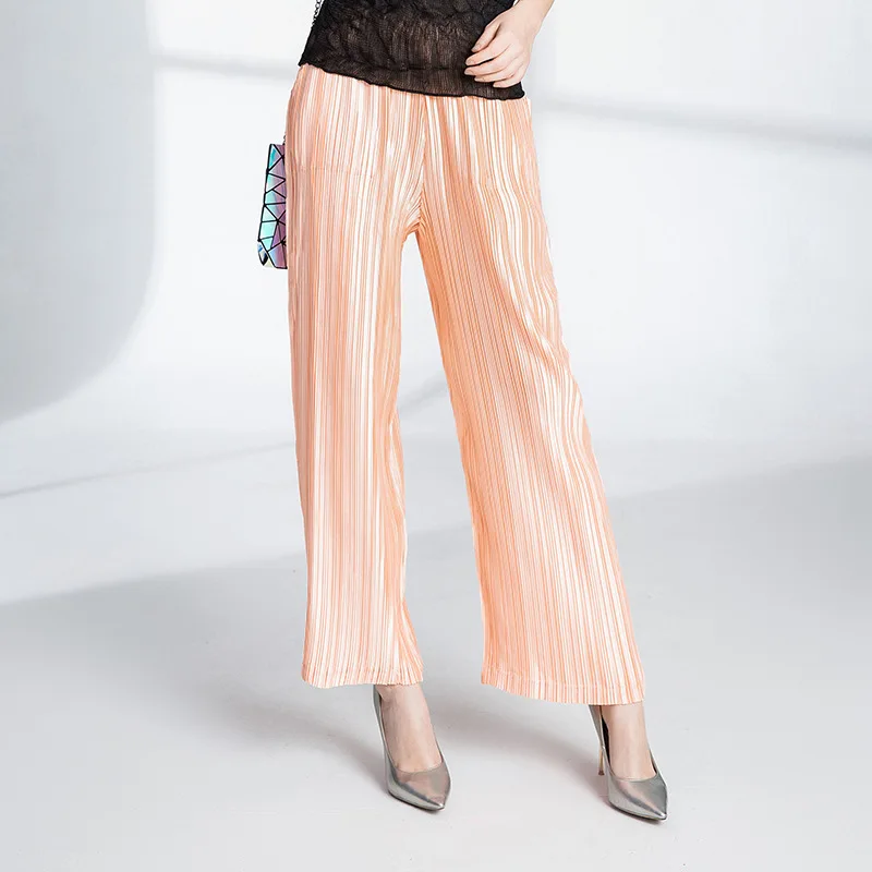 Alta Tamaño Más Mujer Las Pantalones Mujeres Casual Elástica Cintura Orange Miyake Flojos Plisados Womens 2018 Moda Otoño Para 0Bxwg