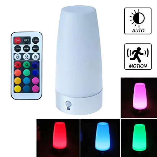 

Wralwayslx PIR motion sensor and remote control changing color LED night light use 3AAA batteries round table lamp beside light