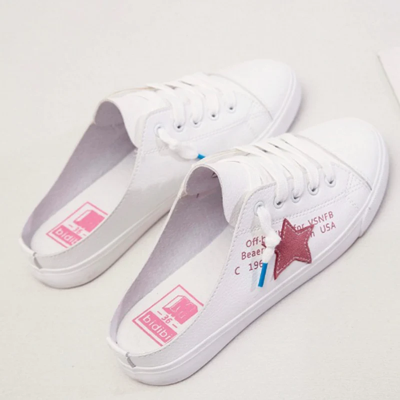 

Women Casual Shoes 2018 Spring Summer Leather Shoes Woman Flats Fashion Sweet White Half slipper Breathable Women Sneakers
