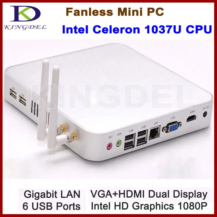 Kingdel Мини-ПК настольный компьютер HTPC, Intel Celeron 1037u двухъядерный Процессор, 4 ГБ Оперативная память 32 ГБ SSD+ HDD, HDMI VGA WiFi безвентиляторный металлический корпус