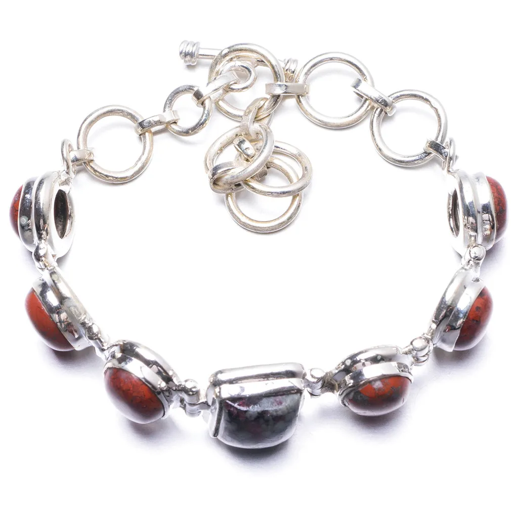 

Natural Rhodonite and Red Jasper Handmade Unique 925 Sterling Silver Bracelet 5 1/4-7 1/4" Y1973