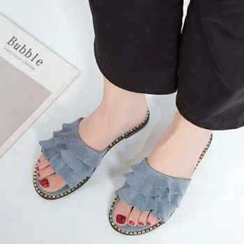 

COOTELILI Women Summer Slippers Woman Slip on Flats Female Slides Women shoes Ruffles Black Red 40 41