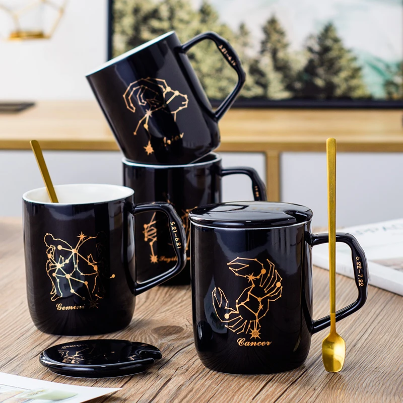 12 Constellation Ceramic Mug with Covered Spoon Creative Black and White Couple Coffee Cup ins Water Cup
