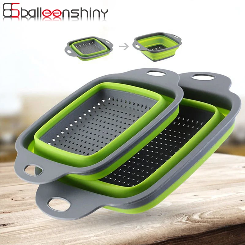 

BalleenShiny Square Folding Water Filter Basket Fruit Vegetable Washing Drain Kitchen Organizer Collapsible Colanders Basket