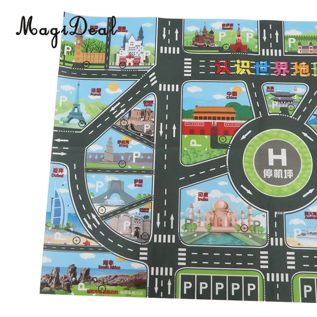 World Map Road Traffic System Playmat Activity Play Mat Carpet Educational Toy for Playing Cars & Train Track Playroom Fun