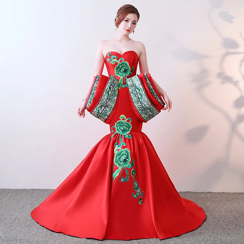 

New 2019 Party Cheongsam Oriental Women Maxi Dress Fashion Chinese Style Elegant Long Qipao Luxury Trailing Robe Vestido S-XXL