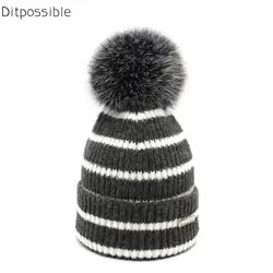 Ditpossible натуральным лисьим мехом шляпа для девочек трикотажные шапочки дамы зимние шапки модные полосатые Skullies женский шляпа Gorro