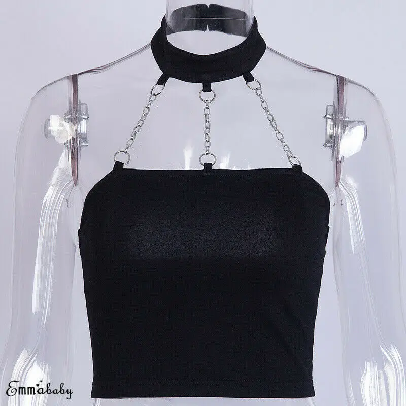 

Women Sexy Solid Punk Style Metal Choker Halter Neck Crop Top Sleeveless Ladies Cami Backless Buckle Crop Top Summer Shirt