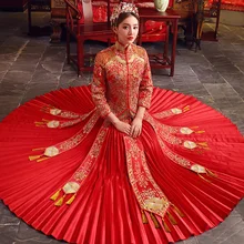 Благородный Золотой Ленточки Женский Cheongsam костюм Винтаж Азиатский невесты плиссированное платье Vestidos со стразами Китайский Свадебный Qipao S-XXL