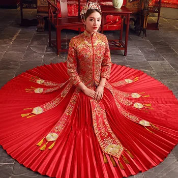 

Noble Gold Tassels Female Cheongsam Suit Vintage Asian Bride Pleated Dress Vestidos Rhinestone Chinese Wedding Qipao S-XXL