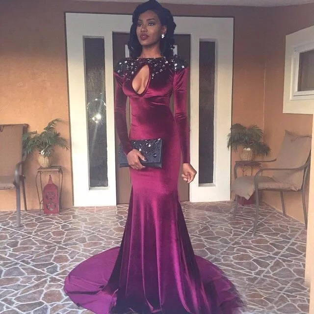 

Gorgeous Burgundy Evening Dresses 2016 Formal Boat Neck Beaded with Rhinestones Mermaid Prom Dresss Long Sleeve Backless Cut Out