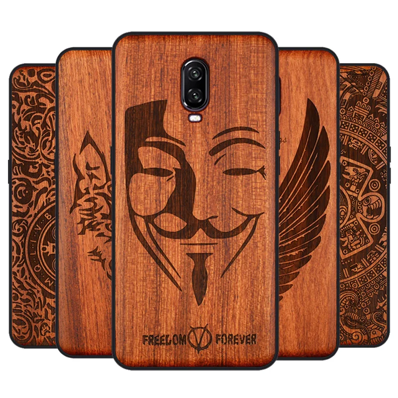 

Luxury Carved Wood Oneplus 6T Phone Case Rosewood TPU Shockproof Back Cover Phone Shell personality One plus 5T 6 7 7Pro case