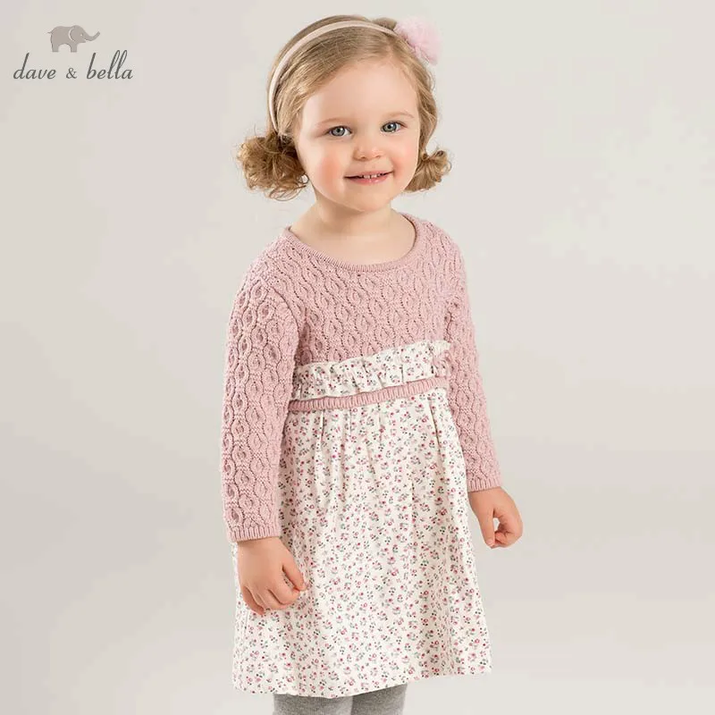 DB8822 dave bella/осенние вязаные платья для маленьких принцесс; платье с длинными рукавами и цветочным рисунком для девочек; Эксклюзивная детская одежда