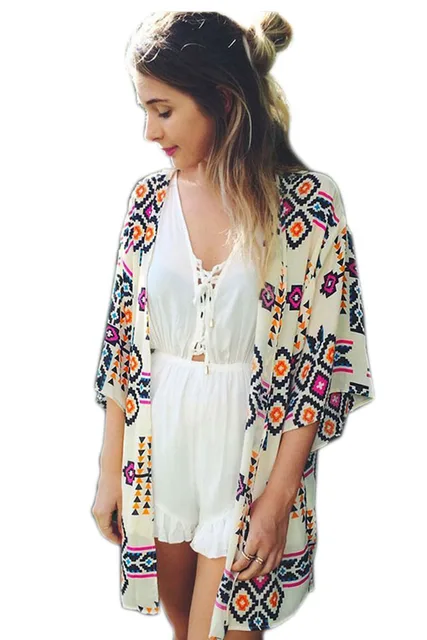 Special Offers Summer Style Women Beachwear Cover-Up Half Sleeve Sexy Loose Chiffon Blouses Shirt Long Trendy Geometry Print Beach Dress4F41183