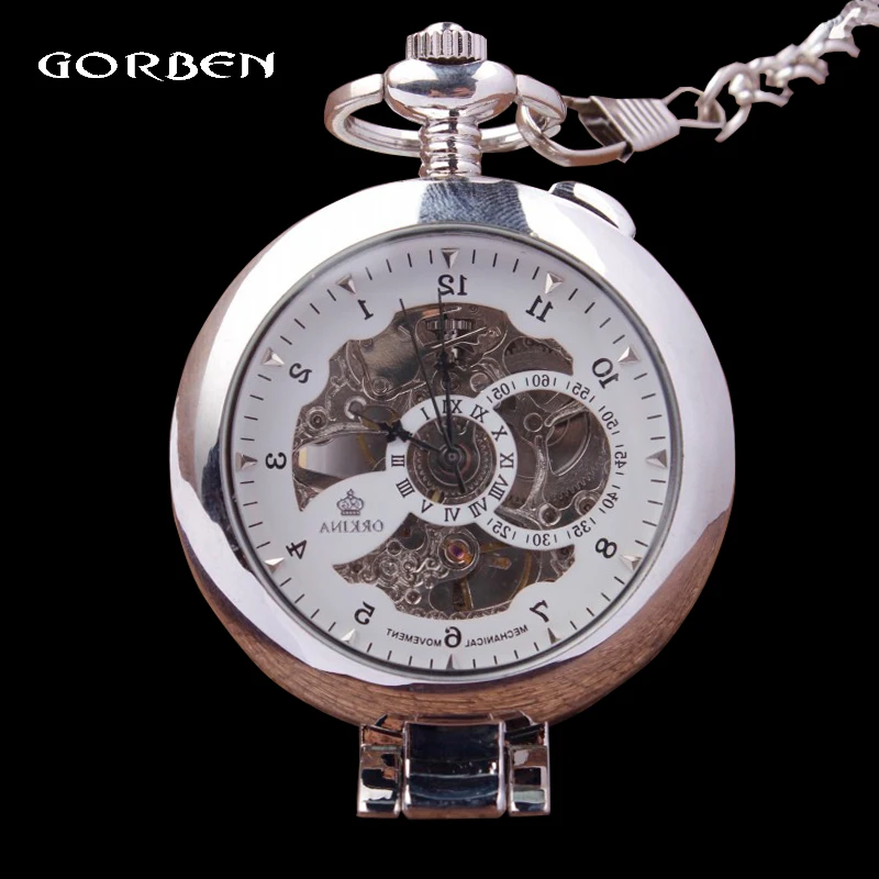 

2016 New Unique Design Magnifier Steampunk Skeleton Vintage Mechanical Pocket FOB Watch with Chain Pendent Watches Mens gift