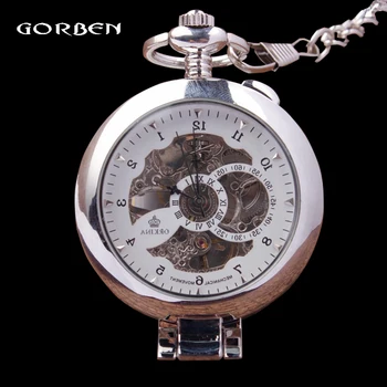 

2020 New Unique Design Magnifier Steampunk Skeleton Vintage Mechanical Pocket FOB Watch with Chain Pendent Watches Mens gift
