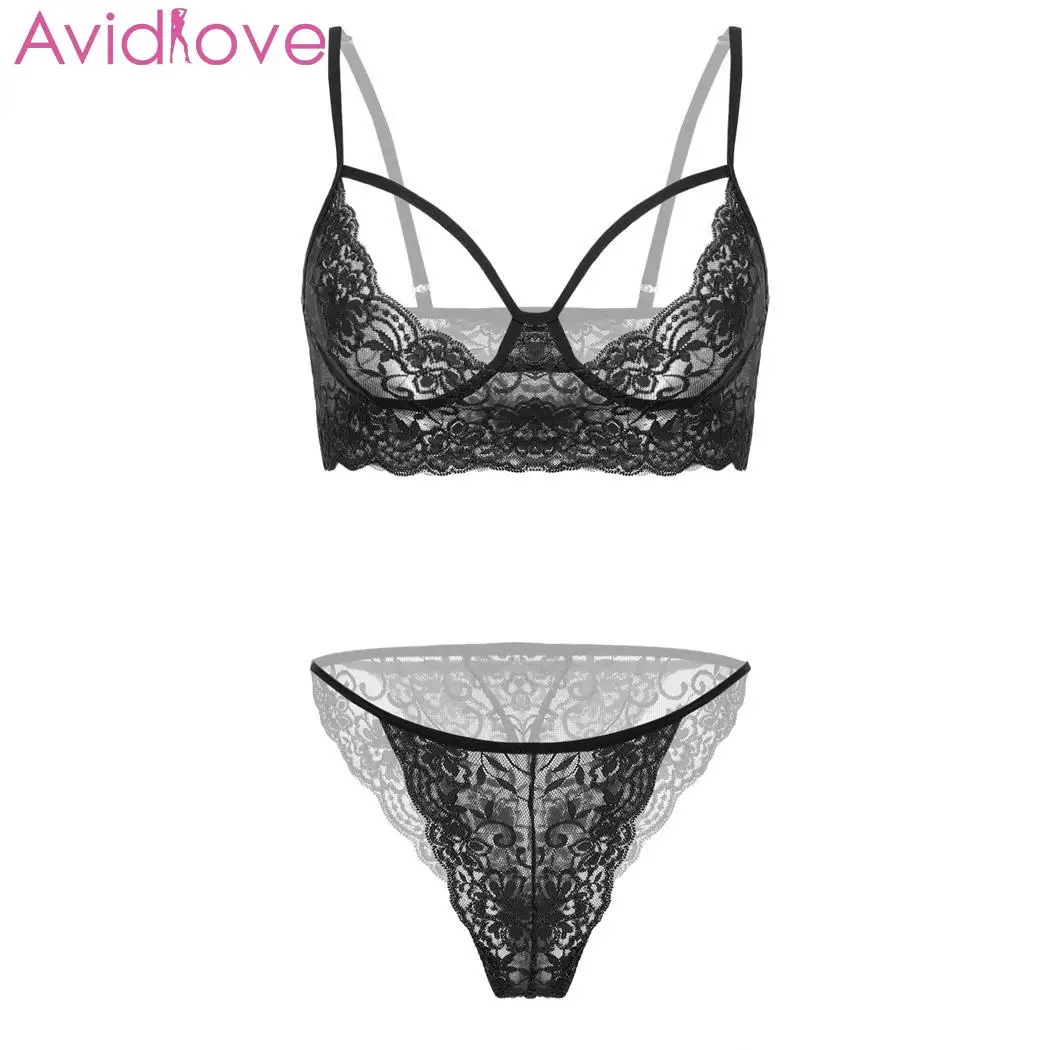 Avidlove Women Sexy Lingerie Set Sex Shop Transparent Bikini Exotic Bodysuit 2 Bra Sheer Cup Open Lace Briefs