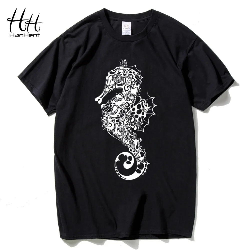 

HanHent New Hippocampus Printed Men's T-shirts Cotton Short Sleeve Summer T-shirts Swag Beach Style Animal T-shirts Boys TA0793