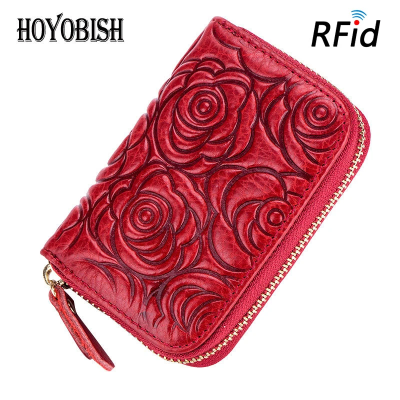 

HOYOBISH Floral Pattern Leather Women Credit Card Holder ID Card Bag Vintage Genuine Leather RIFD Card Wallets Tarjetero OH193