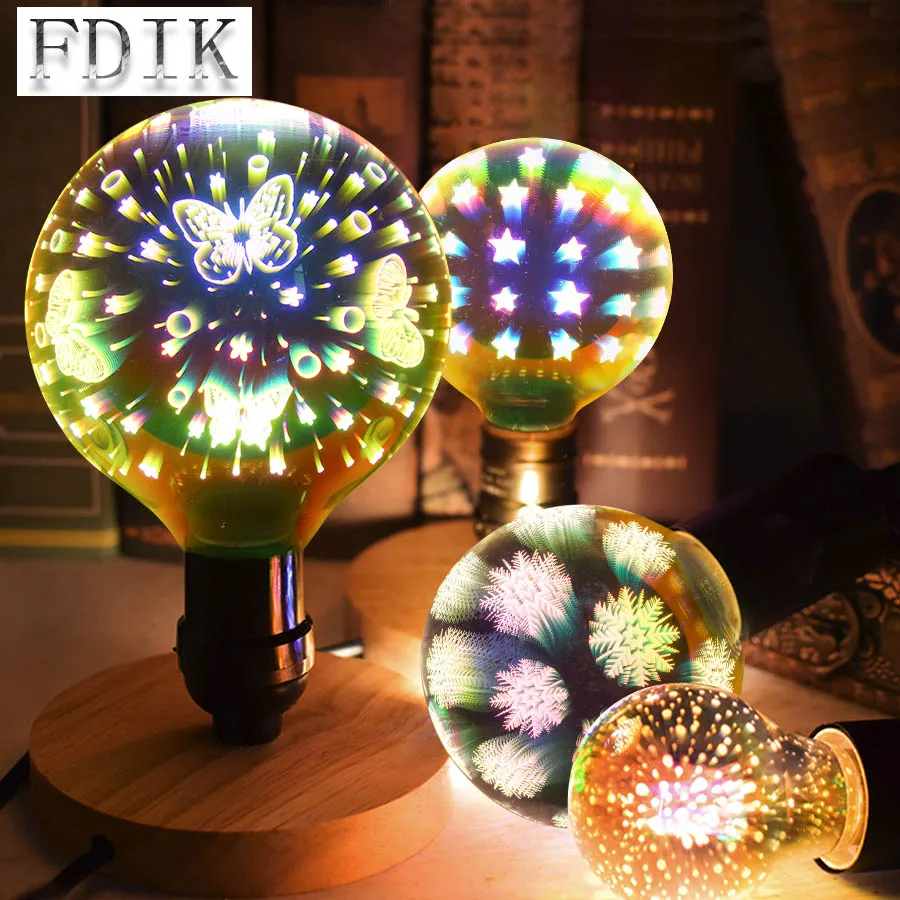 E27 3D Decoration Bulb 4W Dazzle color Vintage LED Edison bulbs A60 G95 G125 Holiday Lights Fireworks Starry sky Snowflake Lamp E27 3D Decoration Bulb 4W Dazzle color Vintage LED Edison bulbs A60 G95 G125 Holiday Lights Fireworks Starry sky Snowflake Lamp