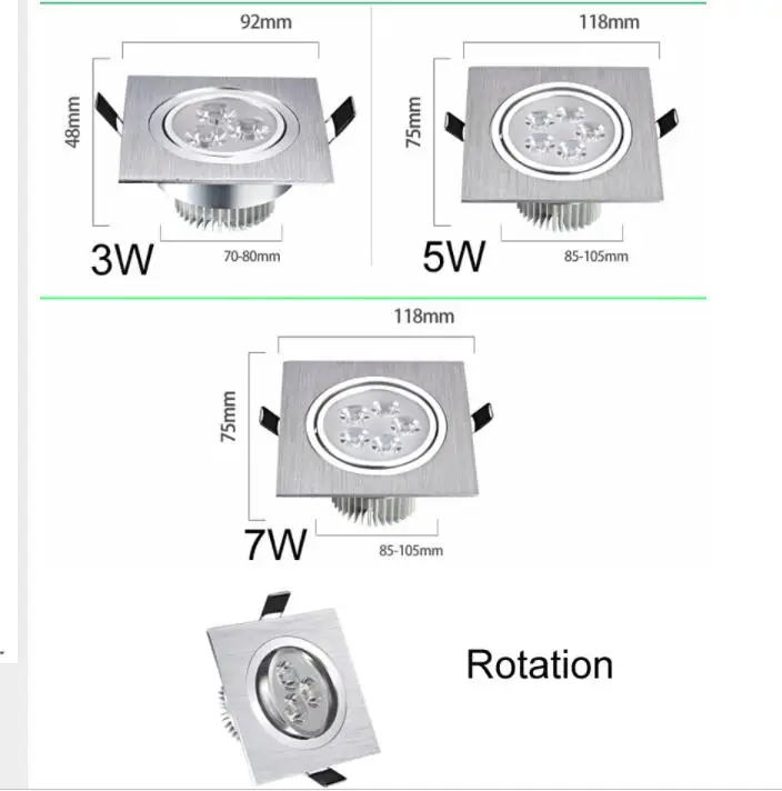 

LED Square Down Lights 3W 5W 7W Recessed Dimmable Downlights 110V 220V Spot Indoor Ceiling Home Lighting