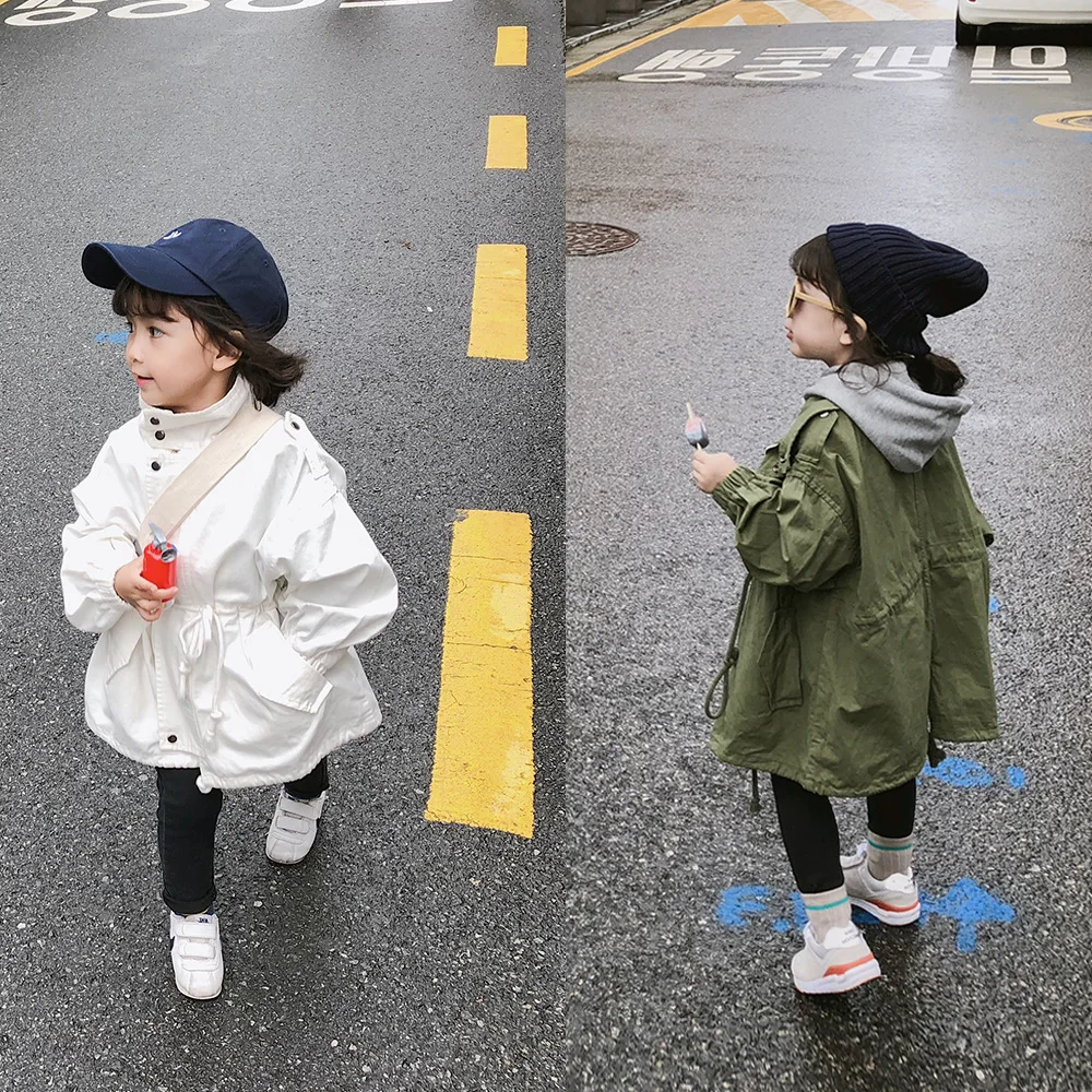 Осенний модный Тренч в Корейском стиле с длинными рукавами для маленьких девочек, однотонное Свободное пальто для детей 2-7 лет, детские куртки, G021